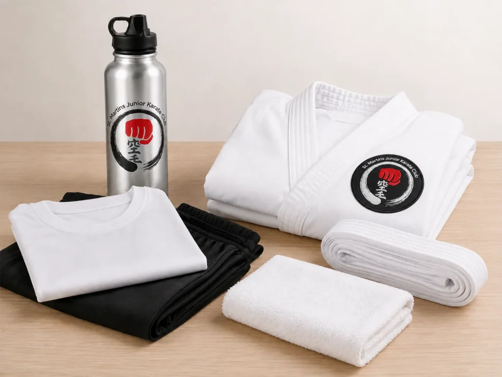 Karate uniform, comfortable clothing and water bottle for a first SMJKC class
