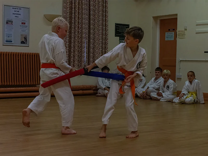 Junior karate students practising an energetic partner drill