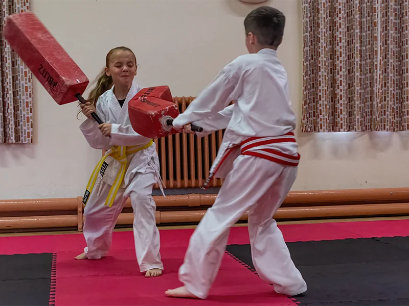 Junior karate students practising together during a karate class
