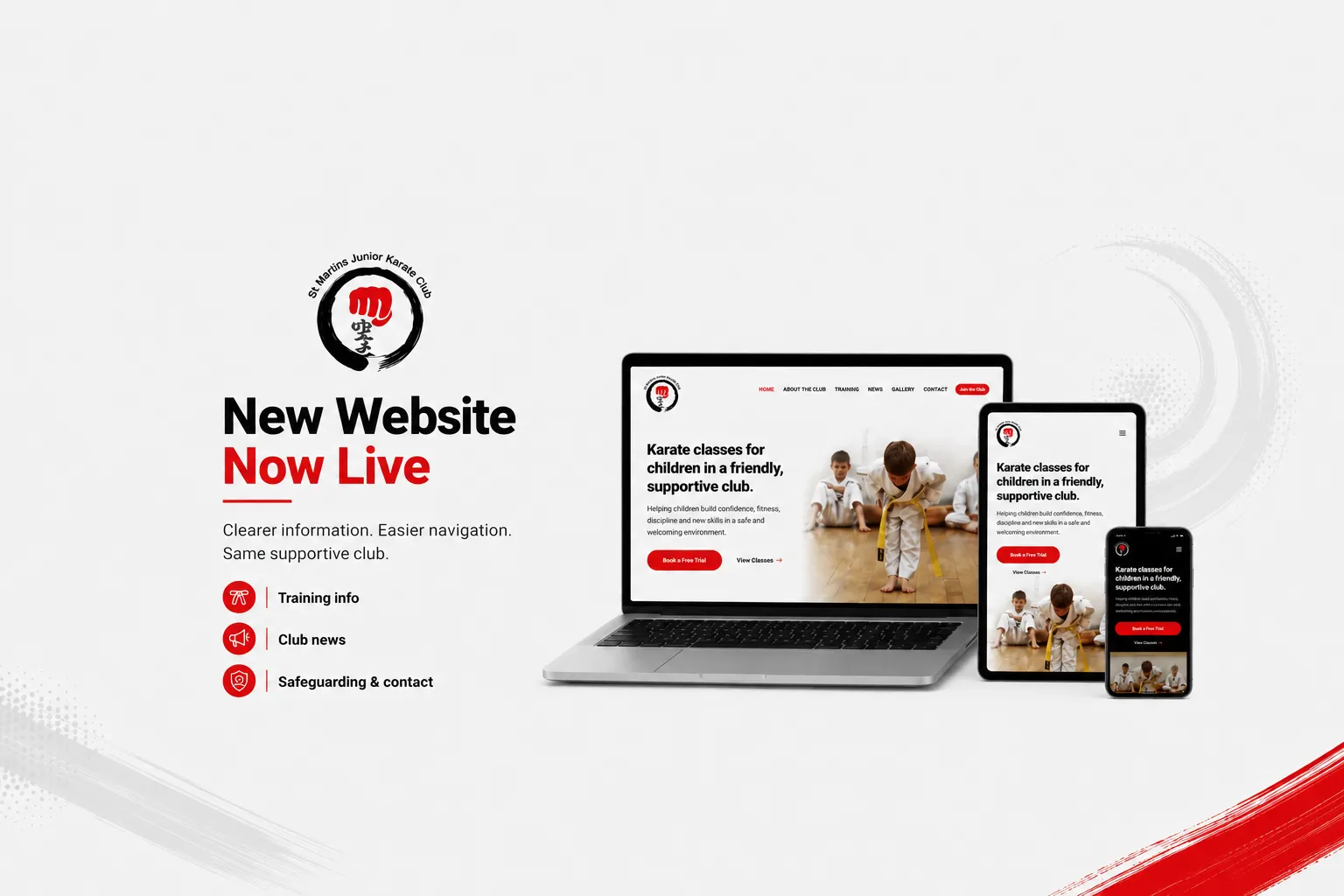 Promotional graphic announcing the new St Martins Junior Karate Club website, shown on laptop, tablet and mobile devices.